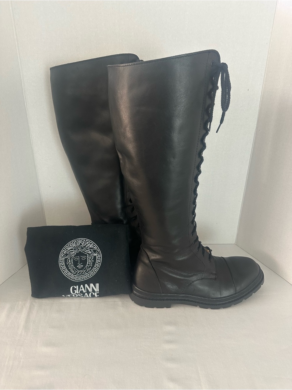 Versace Black Leather Knee-High Lace-Up Boots